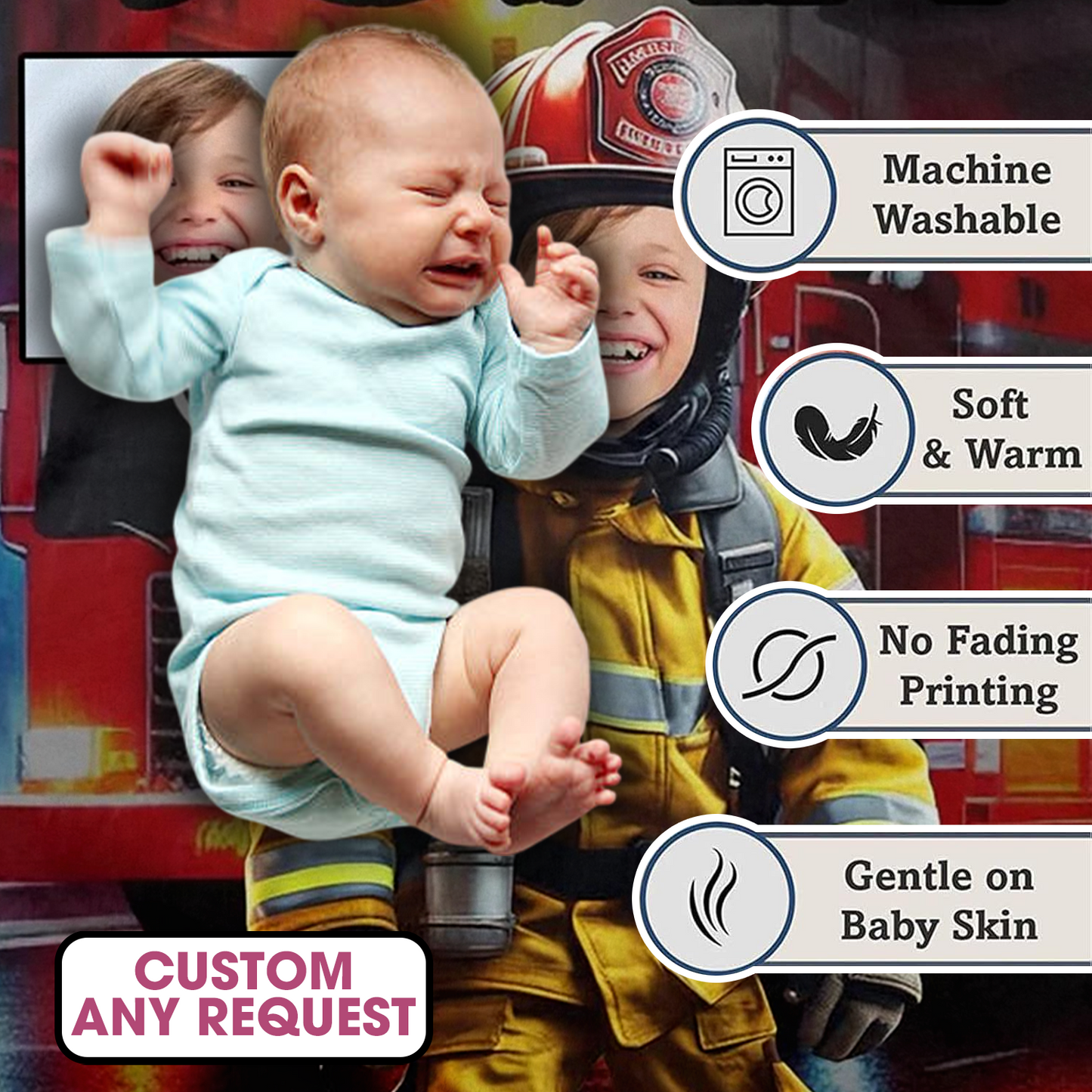 Personalized Custom Firefighter Blanket - Photo for Boys