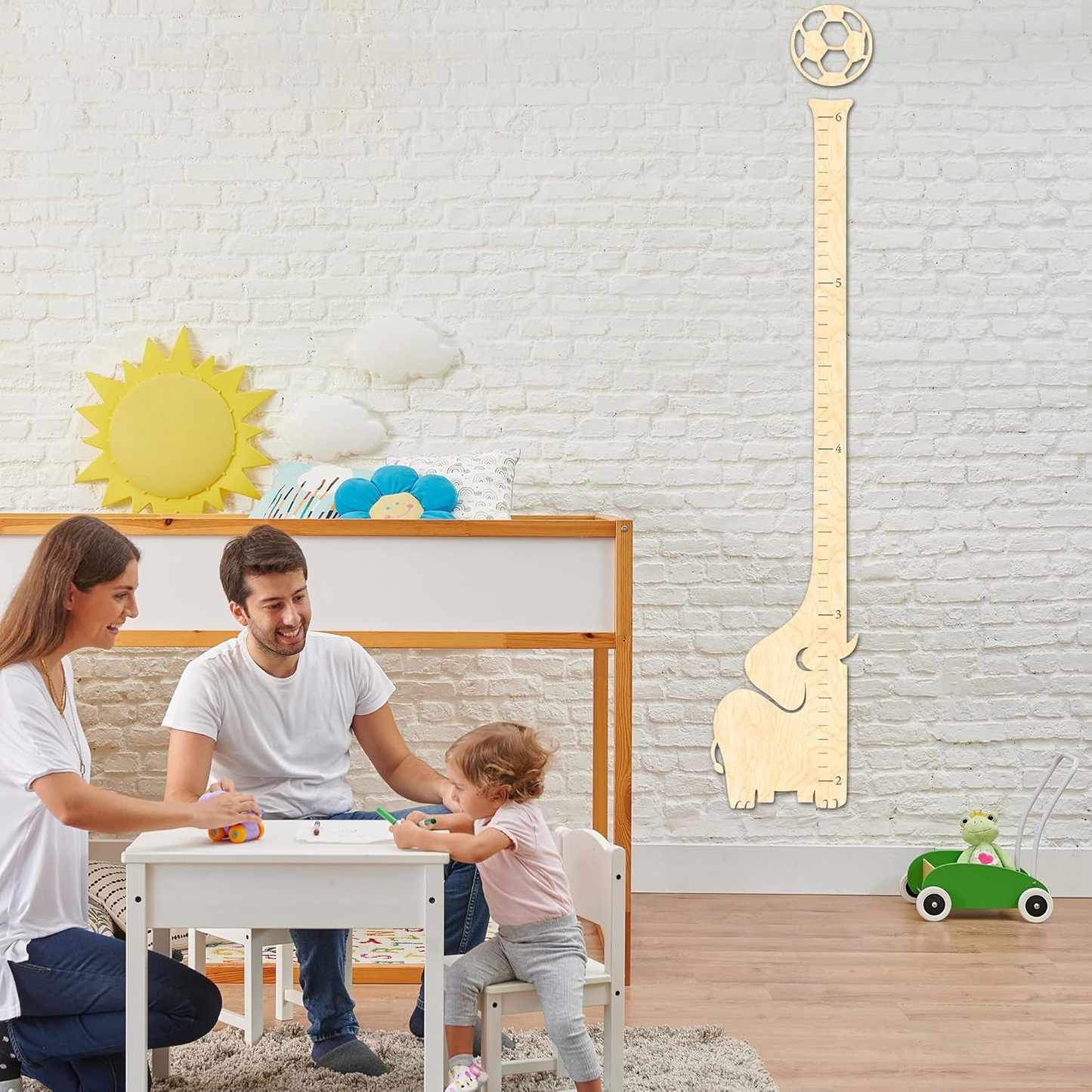Playful Elephant-and-Ball Wooden Growth Chart for Kids’ Height Tracking in Nursery or Bedroom