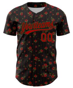 Alternative view of Custom Black Red-Green 3D Pattern Design Gothic Style Rose Authentic Baseball Jersey