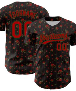 Custom Black Red-Green 3D Pattern Design Gothic Style Rose Authentic Baseball Jersey