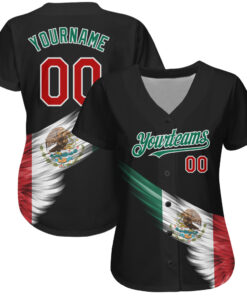 Alternative view of Custom Black Red-Kelly Green 3D The Abstract Wing With Mexican Flag Authentic Baseball Jersey