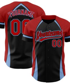 Custom Black Red-Light Blue 3D Pattern Design Curve Solid Authentic Baseball Jersey