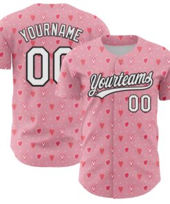 Custom Light Pink White-Black 3D Love Heart Valentine's Day Authentic Baseball Jersey