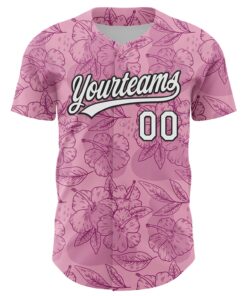Alternative view of Custom Light Pink White-Black 3D Tropical Hawaii Jungle Leaves And Flower Authentic Baseball Jersey