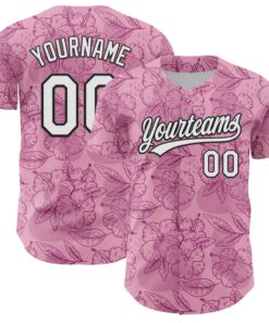 Custom Light Pink White-Black 3D Tropical Hawaii Jungle Leaves And Flower Authentic Baseball Jersey