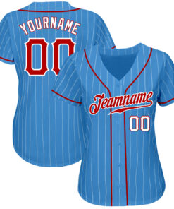 Alternative view of Custom Powder Blue White Pinstripe Red-White Authentic Baseball Jersey