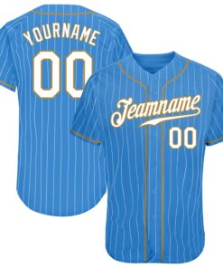 Custom Powder Blue White Pinstripe White-Old Gold Authentic Baseball Jersey
