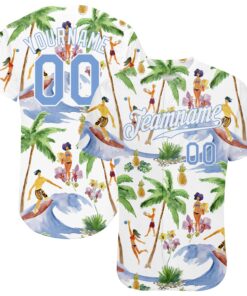 Custom White Light Blue-White 3D Pattern Design Hawaii Palm Trees Authentic Baseball Jersey