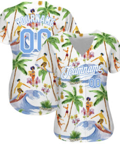Alternative view of Custom White Light Blue-White 3D Pattern Design Hawaii Palm Trees Authentic Baseball Jersey