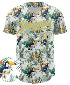 Alternative view of Custom White Light Blue-Yellow 3D Pattern Design Animal Toucan And Tropical Hawaii Palm Leaves Authentic Baseball Jersey