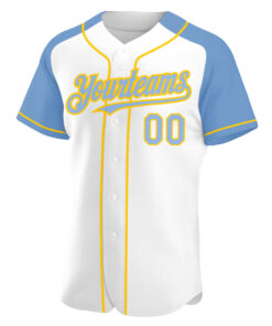 Alternative view of Custom White Light Blue-Yellow Authentic Raglan Sleeves Baseball Jersey