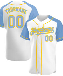 Custom White Light Blue-Yellow Authentic Raglan Sleeves Baseball Jersey