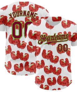 Custom White Maroon-Aurora Green 3D Pattern Design Tropical Anthurium Flower Authentic Baseball Jersey