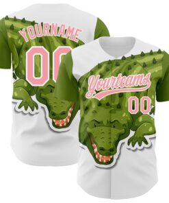 Custom White Medium Pink 3D Pattern Design Cartoon Crocodile Authentic Baseball Jersey