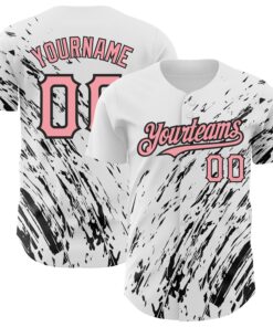 Custom White Medium Pink-Black 3D Pattern Design Abstract Splash Authentic Baseball Jersey