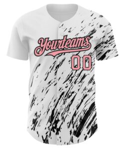 Alternative view of Custom White Medium Pink-Black 3D Pattern Design Abstract Splash Authentic Baseball Jersey