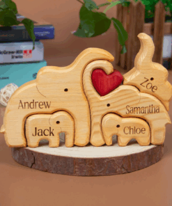 Personalized Wooden Elephant Family Puzzle - Custom Engraved 2-6 Person Animal Figurines, Home Decor