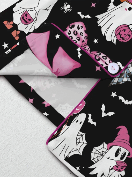 Halloween Pumpkin & Bat Print Satin Pajama Set, Comfortable Sleepwear for Halloween - Image 3