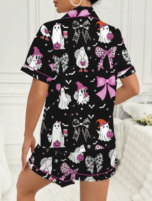 Halloween Pumpkin & Bat Print Satin Pajama Set, Comfortable Sleepwear for Halloween - Image 4