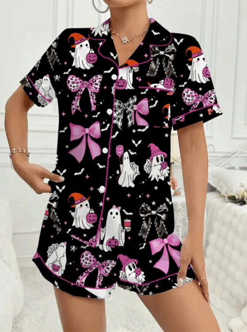 Halloween Pumpkin & Bat Print Satin Pajama Set, Comfortable Sleepwear for Halloween - Image 5