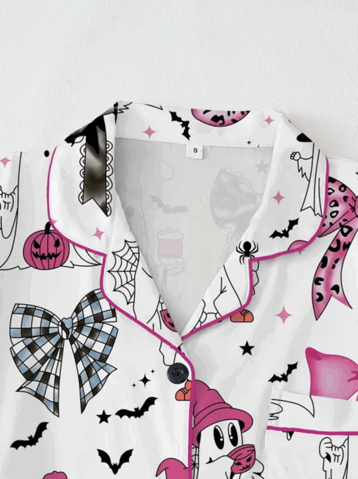 Halloween Pumpkin & Bat Print Satin Pajama Set, Comfortable Sleepwear for Halloween - Image 2