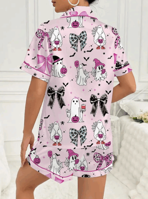 Halloween Pumpkin & Bat Print Satin Pajama Set, Comfortable Sleepwear for Halloween - Image 6