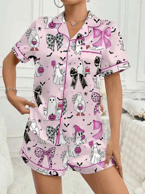 Halloween Pumpkin & Bat Print Satin Pajama Set, Comfortable Sleepwear for Halloween - Image 7