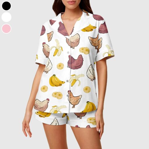 Funny Chicken And Banana Satin Pajamas Set, Chicken Lover , Farm Animal Pajamas For Women - Image 4