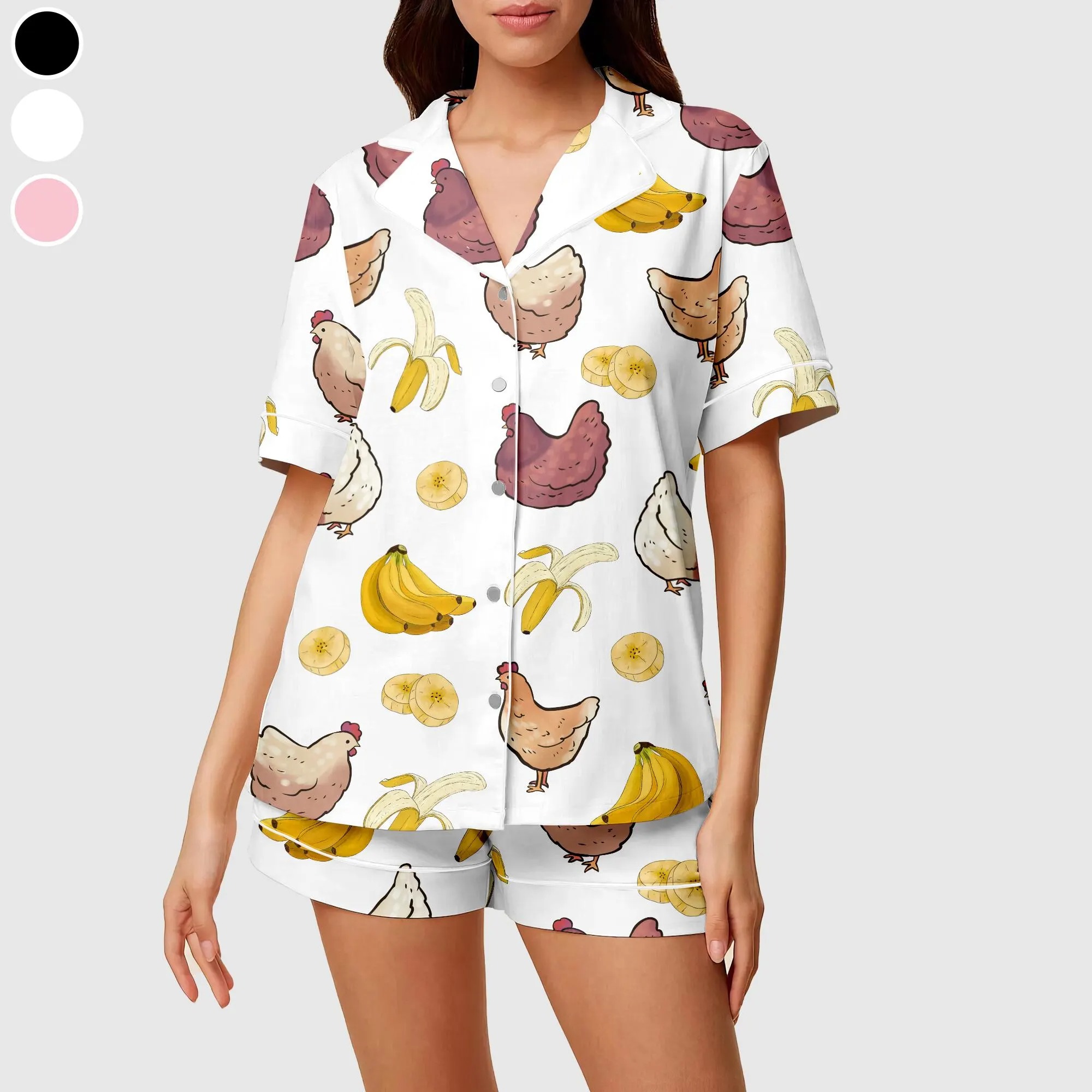 Funny Chicken And Banana Satin Pajamas Set, Chicken Lover , Farm Animal Pajamas For Women