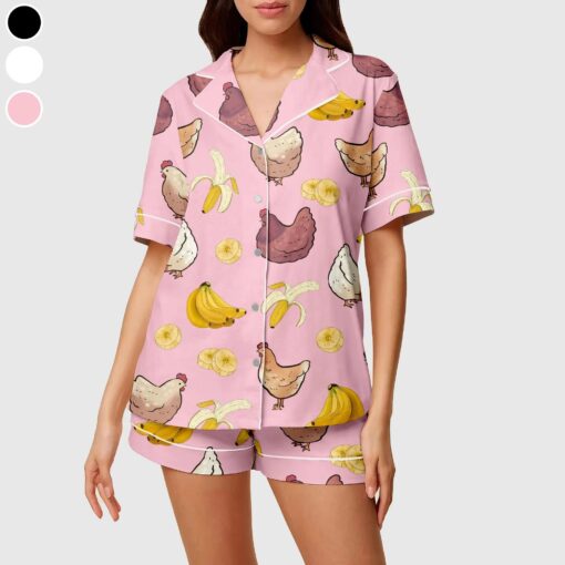 Funny Chicken And Banana Satin Pajamas Set, Chicken Lover , Farm Animal Pajamas For Women - Image 3