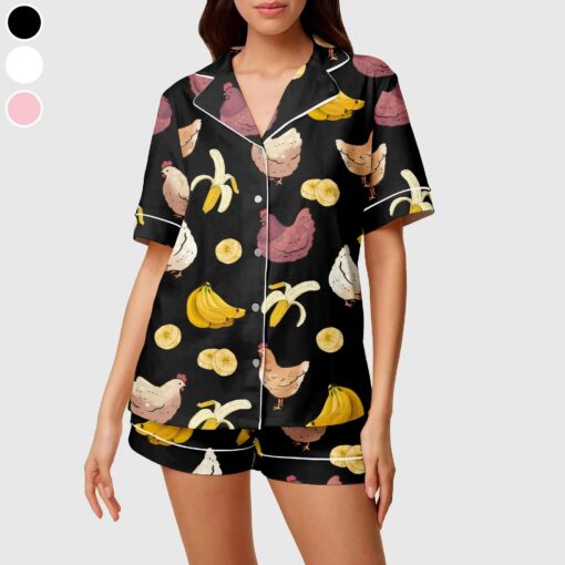 Funny Chicken And Banana Satin Pajamas Set, Chicken Lover , Farm Animal Pajamas For Women - Image 2