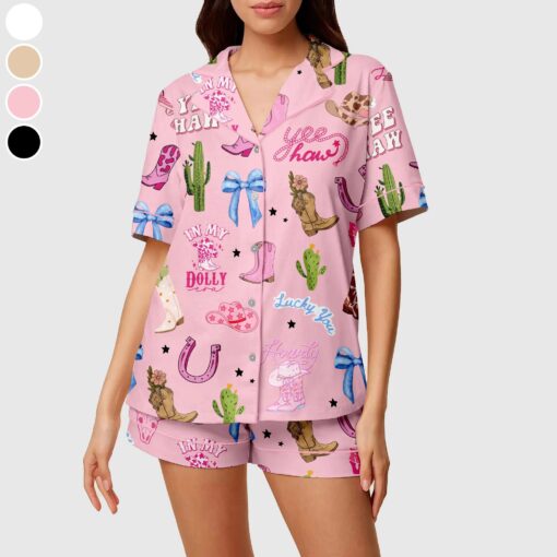 Pink Cowgirl Satin Pajama Set, Women's Western Pajama Short Set, Cactus & Cowgirl Print Summer Lounge Set - Image 2