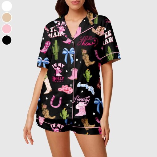 Pink Cowgirl Satin Pajama Set, Women's Western Pajama Short Set, Cactus & Cowgirl Print Summer Lounge Set - Image 4