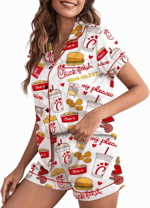 Coquette Fried Food Satin Pajama Set For Women Print Comfy Satin Sleepwear & Loungewear Pjs - Image 3