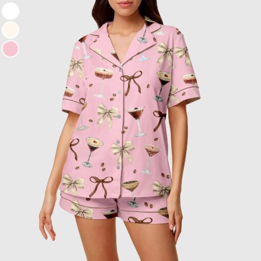 Espresso Martini Short Satin Pajama Set, Espresso Short Sleeve Sleepwear, Champagne Cocktail Satin Sleepwear - Image 2