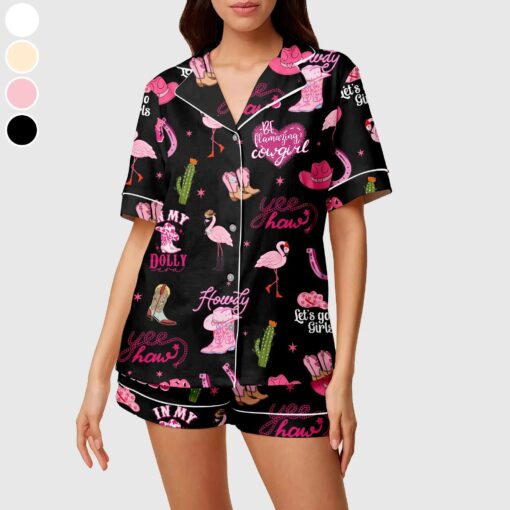 Flamingo Cowgirl Satin Pajama Set, Flamingo Women's Western Pajama Short Set, Cactus & Cowgirl Print Summer Lounge Set - Image 2