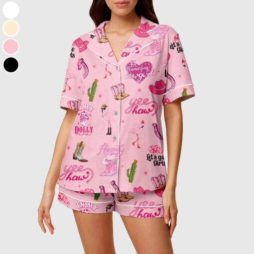 Flamingo Cowgirl Satin Pajama Set, Flamingo Women's Western Pajama Short Set, Cactus & Cowgirl Print Summer Lounge Set - Image 3