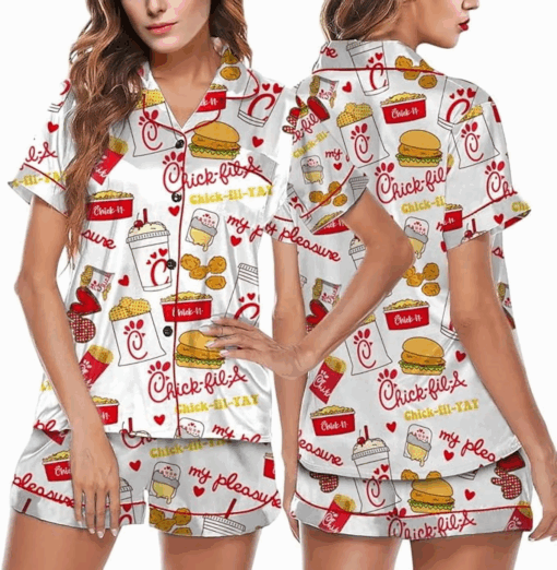 Coquette Fried Food Satin Pajama Set For Women Print Comfy Satin Sleepwear & Loungewear Pjs - Image 4