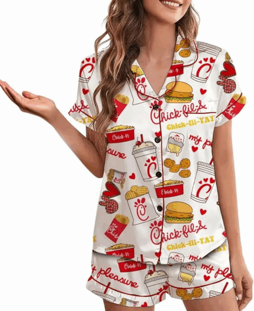 Coquette Fried Food Satin Pajama Set For Women Print Comfy Satin Sleepwear & Loungewear Pjs - Image 2