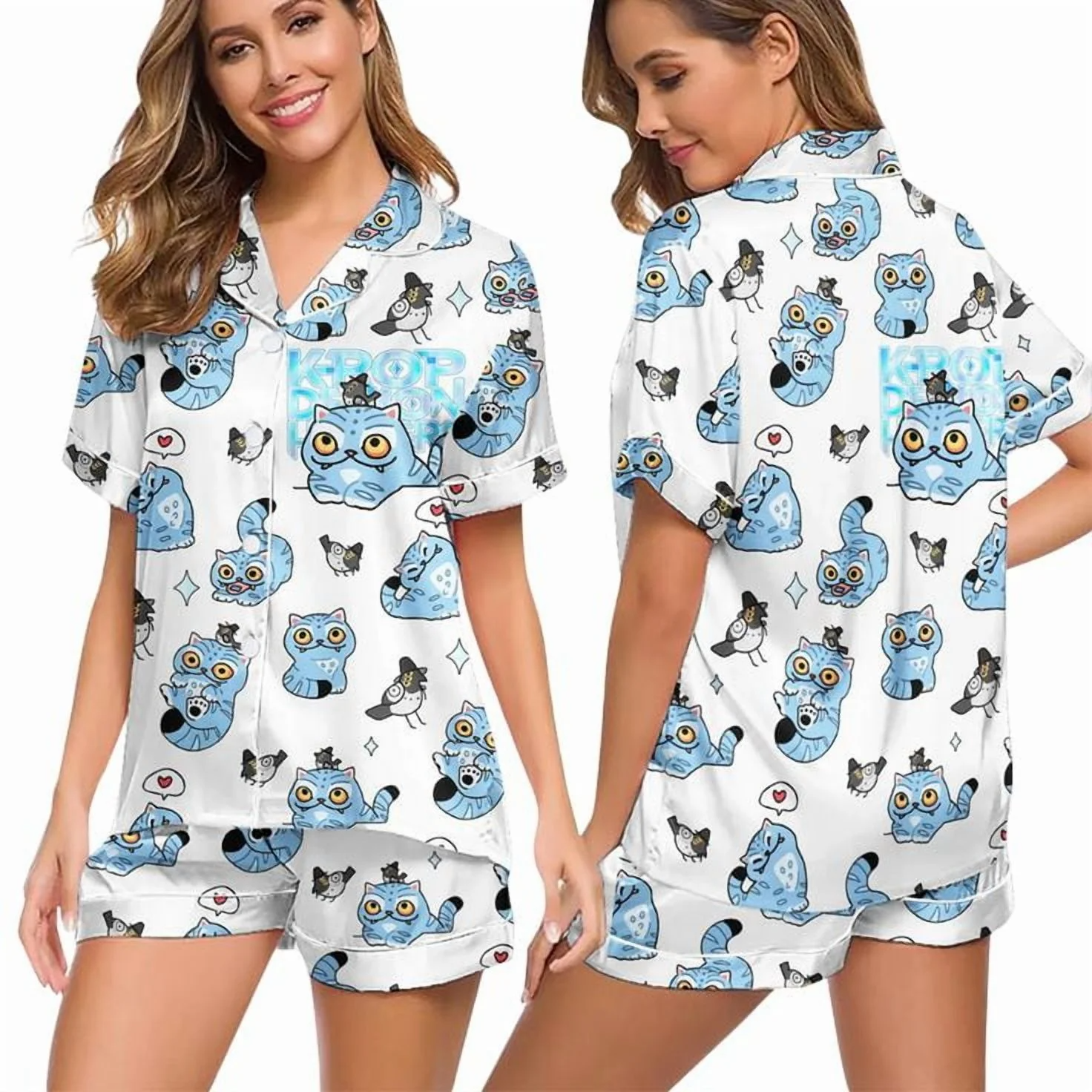 Kpop Demon Hunters Tiger Satin Pajama Set, Derpy the Tiger & Bird Sleepwear