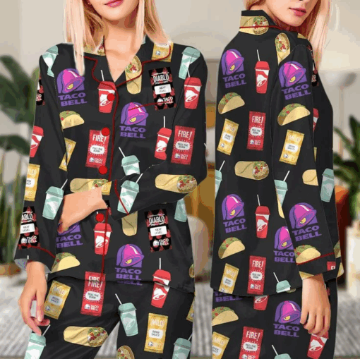 Taco Food Satin Pajamas Set, Print Silky Pajama Set For Women - Image 3