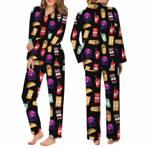 Taco Food Satin Pajamas Set, Print Silky Pajama Set For Women - Image 6
