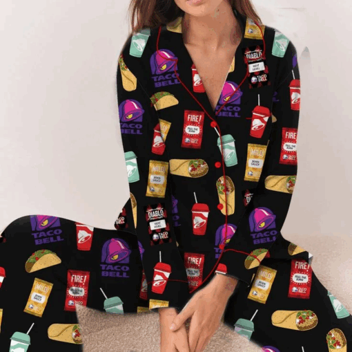 Taco Food Satin Pajamas Set, Print Silky Pajama Set For Women - Image 5