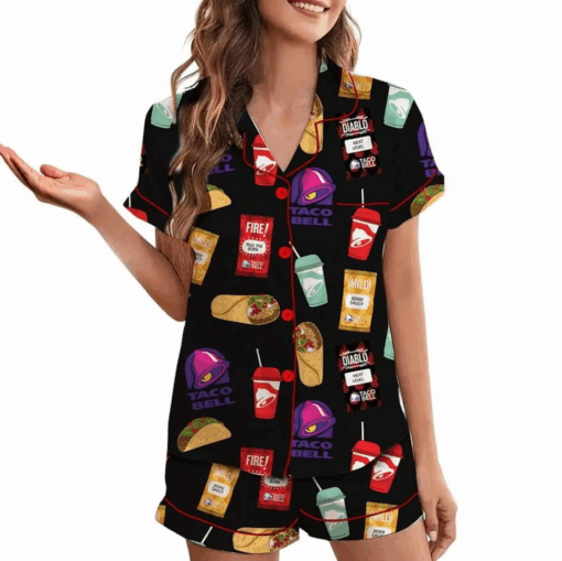 Taco Food Satin Pajamas Set, Print Silky Pajama Set For Women - Image 4