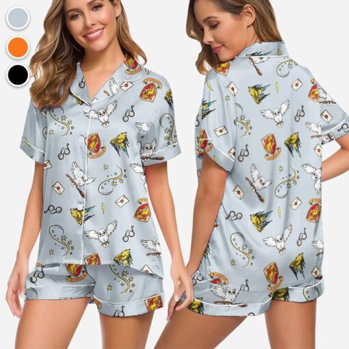 Halloween Wizard Magic Satin Pajama Set, Cute Owl Sleepwear, Witch Theme Homewear - Image 4