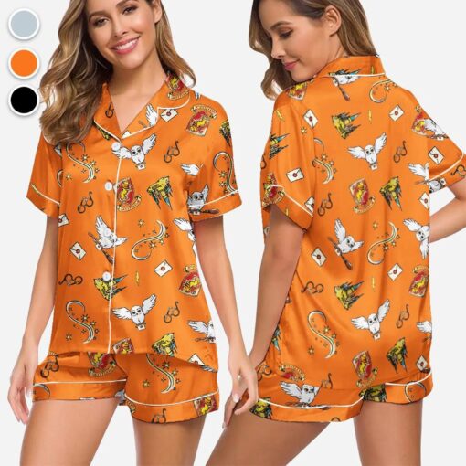 Halloween Wizard Magic Satin Pajama Set, Cute Owl Sleepwear, Witch Theme Homewear - Image 6