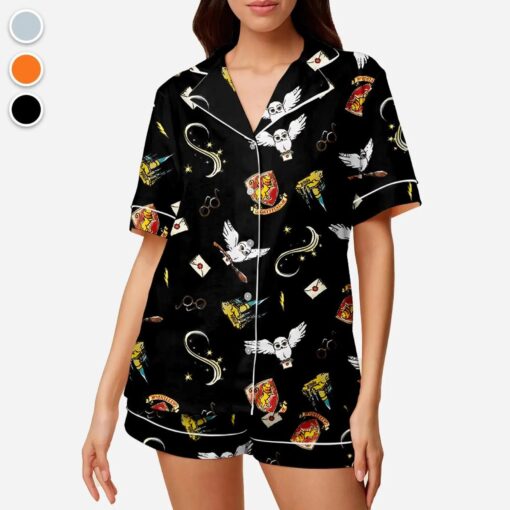 Halloween Wizard Magic Satin Pajama Set, Cute Owl Sleepwear, Witch Theme Homewear - Image 2