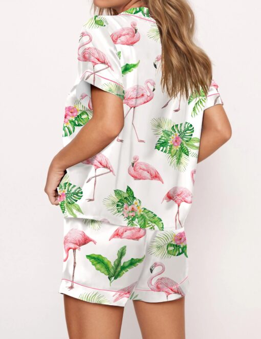Watercolor Flamingo Silky Satin Pajama Set For Women - Image 2
