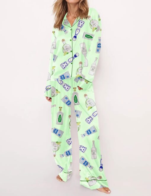 Tequila Bottle Satin Pajama Set For Women - Without Chest Pocket With Bottom Pockets - Image 7