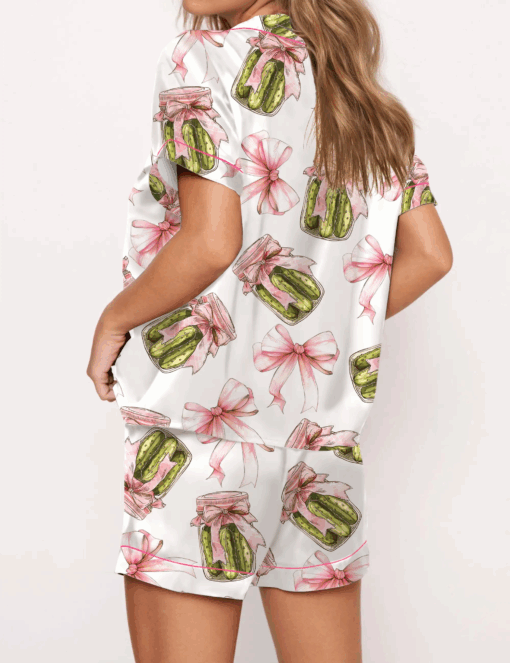 Pickles Coquette Bow Satin Pajama Set For Women, Pajamas Set, Pickles Pajamas, Party Pajama Set, Satin Pajamas For Bridesmaid - Image 2